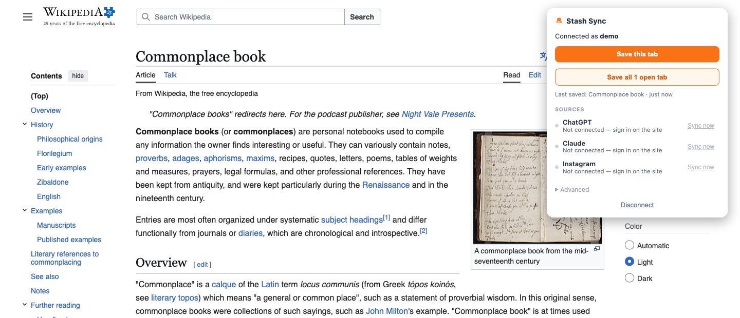 The Stash Sync extension popup open on a Wikipedia article, offering Save this tab and Save all open tabs.